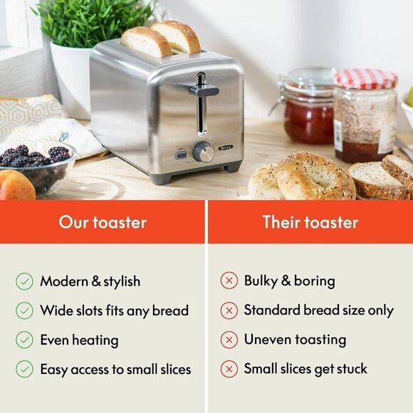 BELLA 2 Slice Stainless Steel and Toaster, Quick & Even Results Wide Slots - Picture 5 of 8